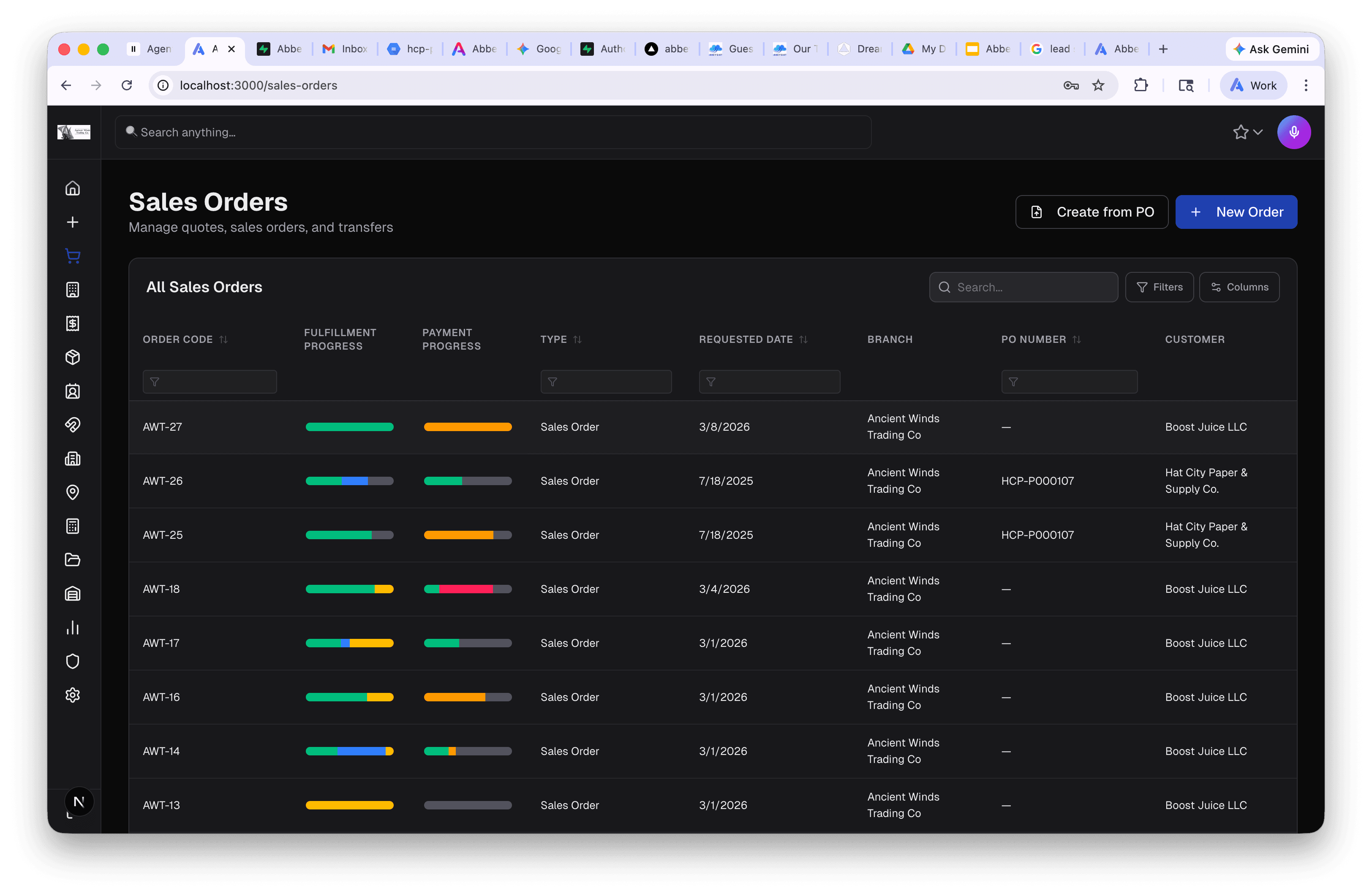 Sales Orders list with fulfillment and payment progress bars