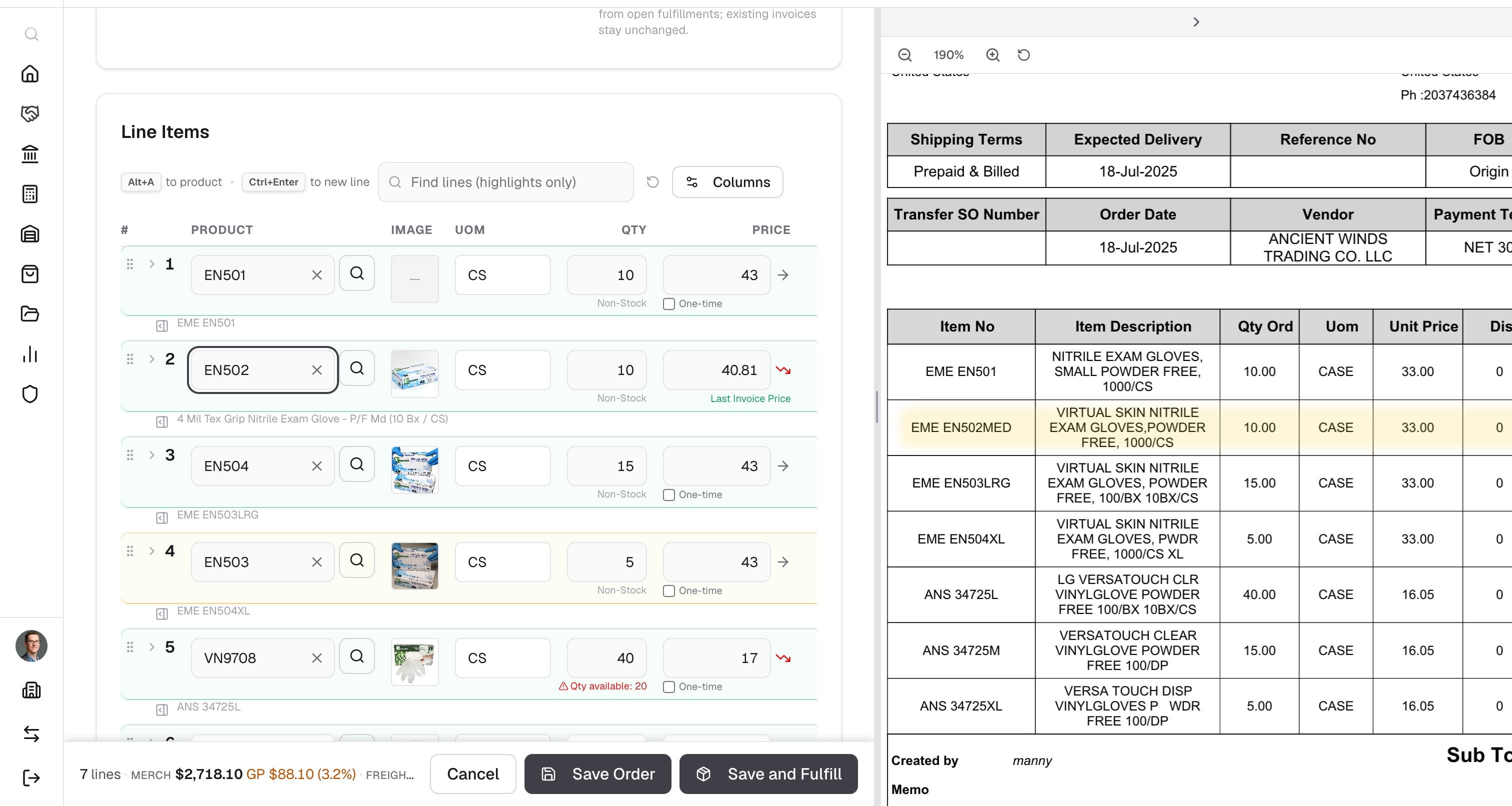 Abbey AI-extracted sales order lines beside the original customer PO with the matching source row highlighted