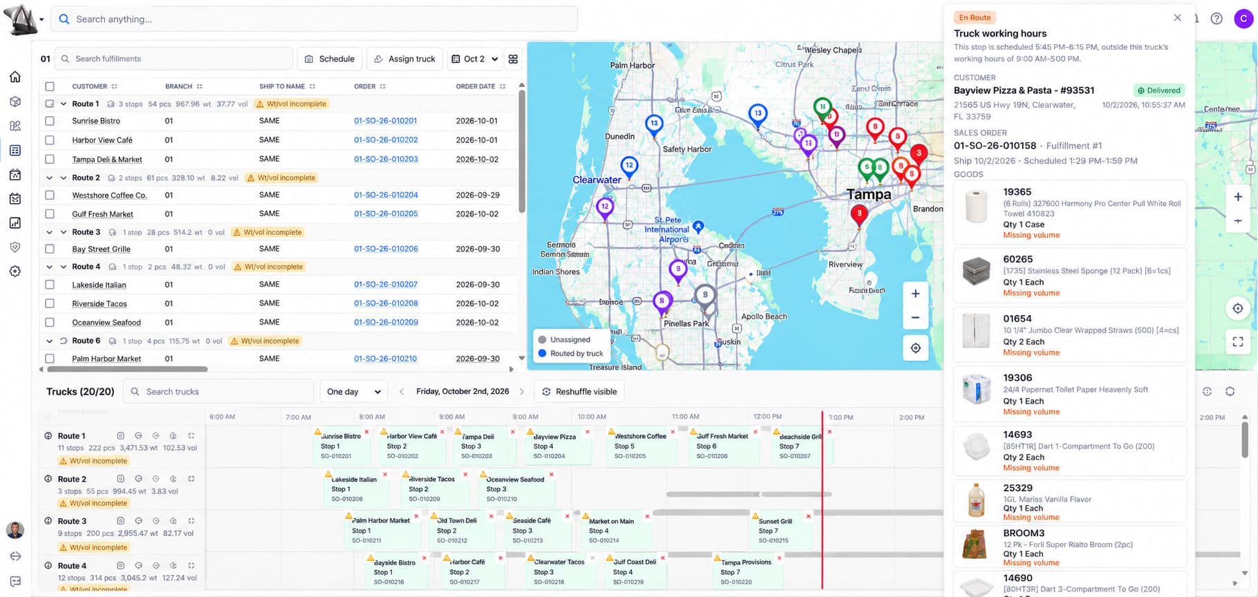 Abbey dispatch board with demo delivery demand, route map, and truck timeline