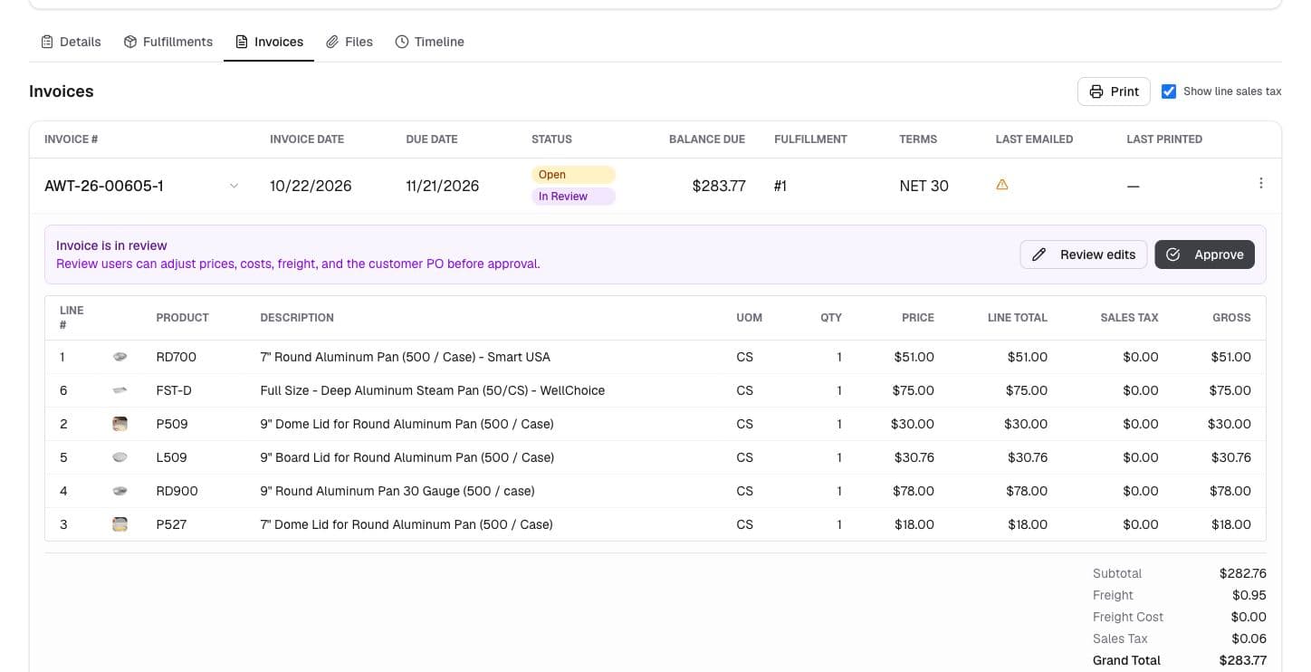 Abbey customer invoice with product quantities, prices and payment status