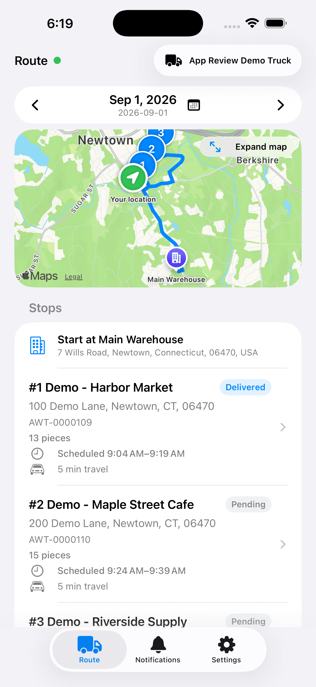 Native Abbey iOS driver route with delivery map and stops