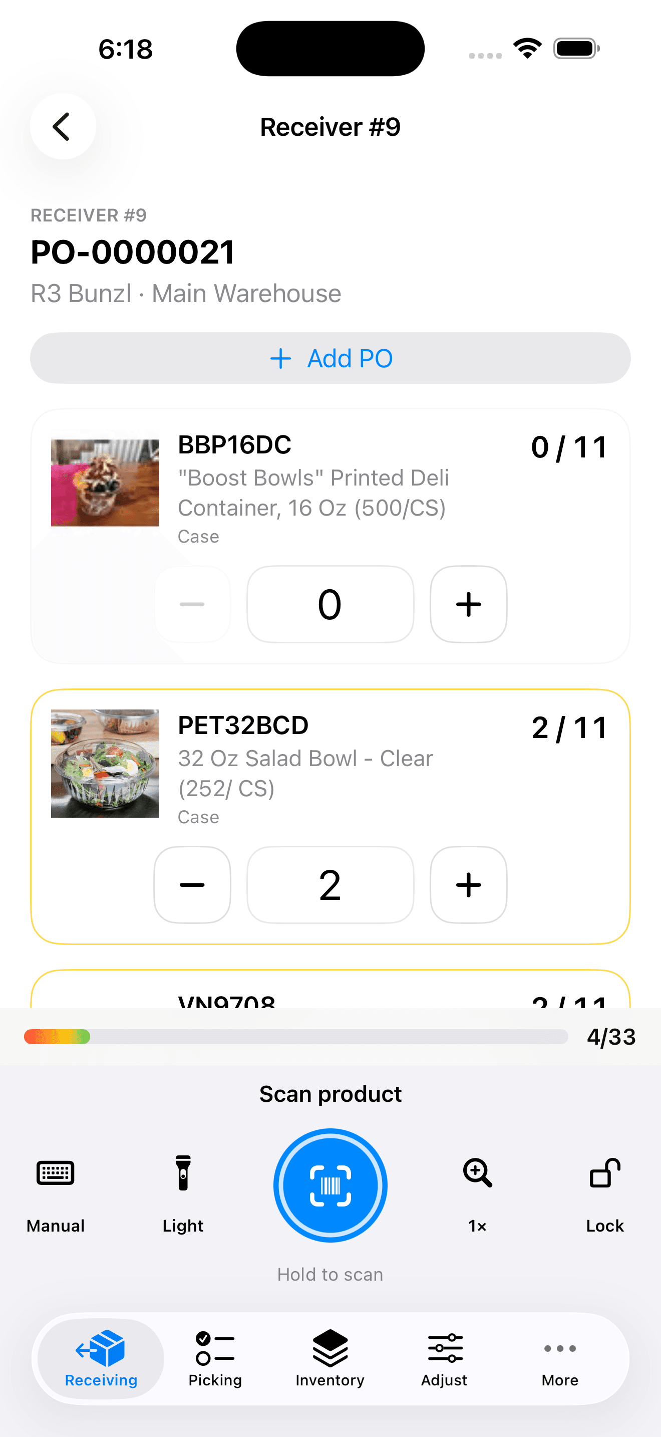 Native iOS receiving with product images and scanner controls