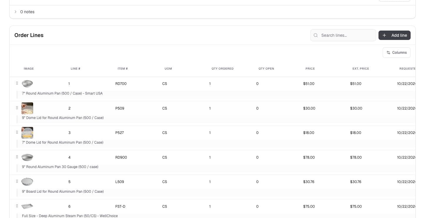 Sales order with product quantities and customer pricing