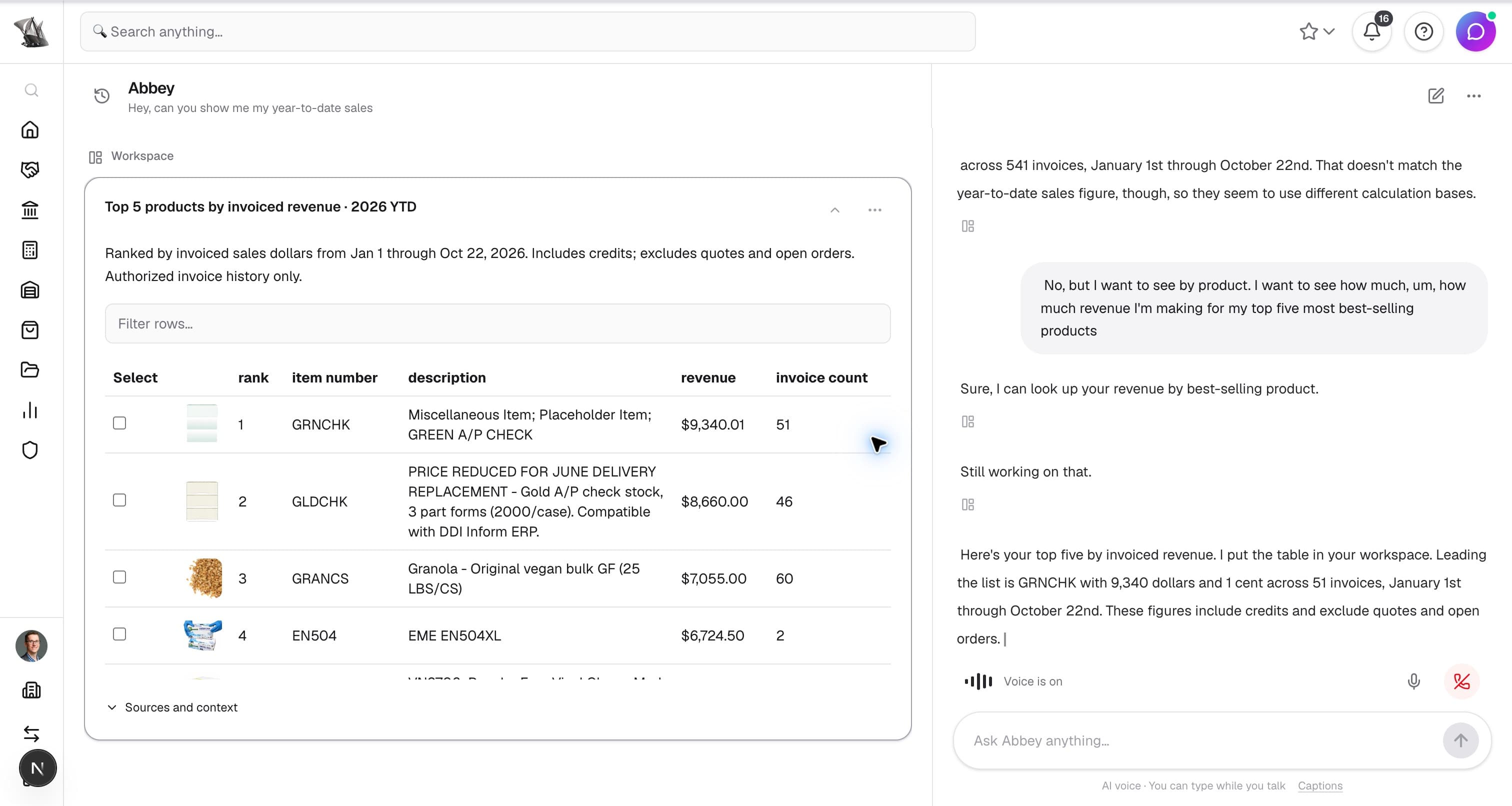 Abbey live voice conversation rendering a table of the top five products by invoiced revenue, with product images and invoice counts